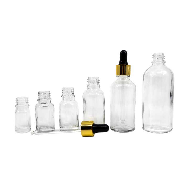 Clear Glass Bottle, Gold Black Dropper, 100 ml