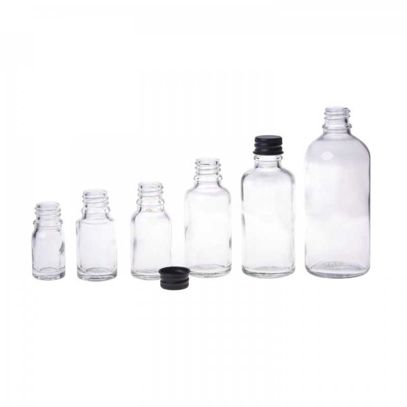 Clear Glass Bottle, Black Aluminium Cap, 30 ml