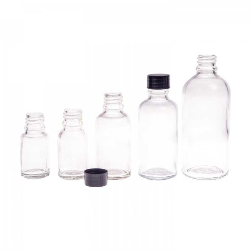 Clear Glass Bottle, Black Cap, 100 ml