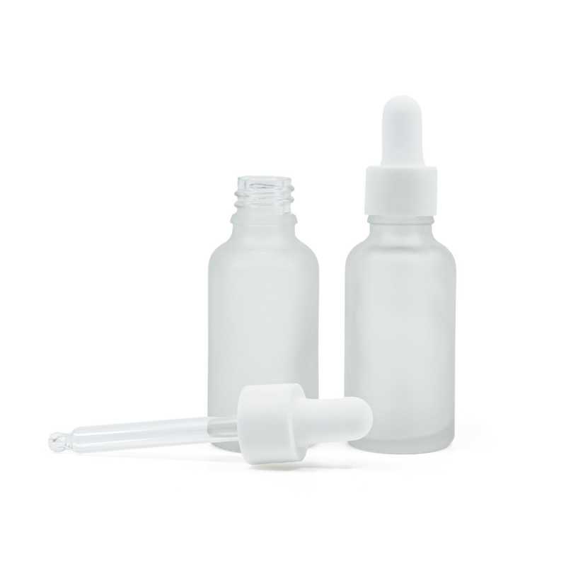 Clear Frosted Glass Bottle, White Smooth Matte Dropper, 30 ml