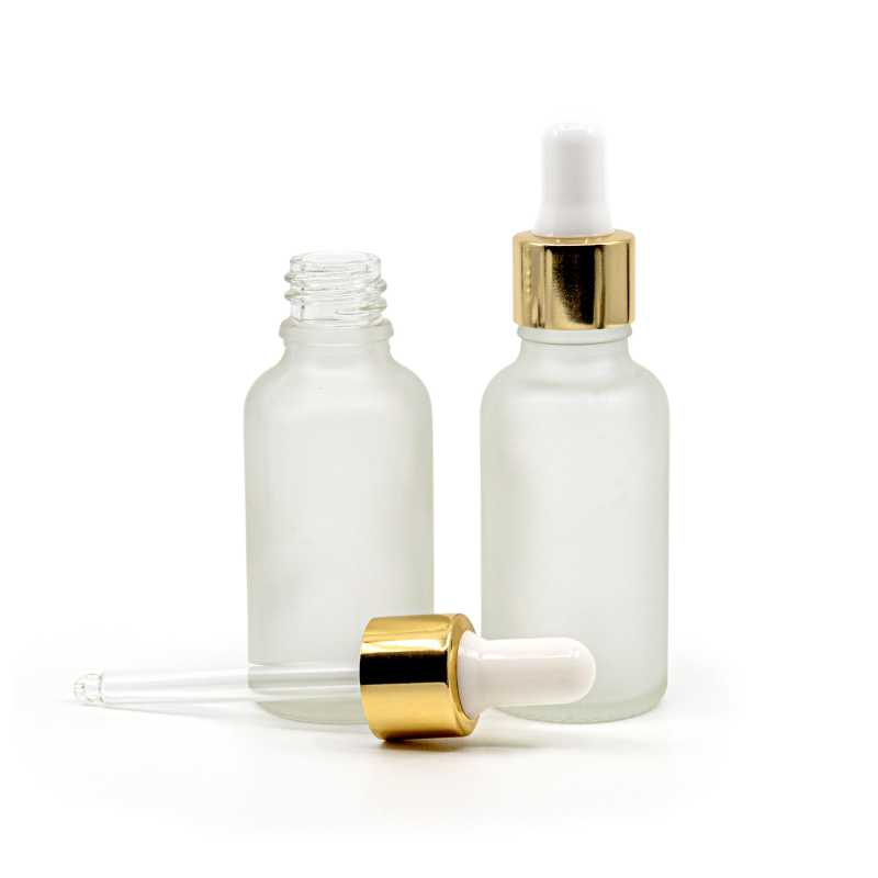 Clear Frosted Glass Bottle, Gold White Dropper, 30 ml