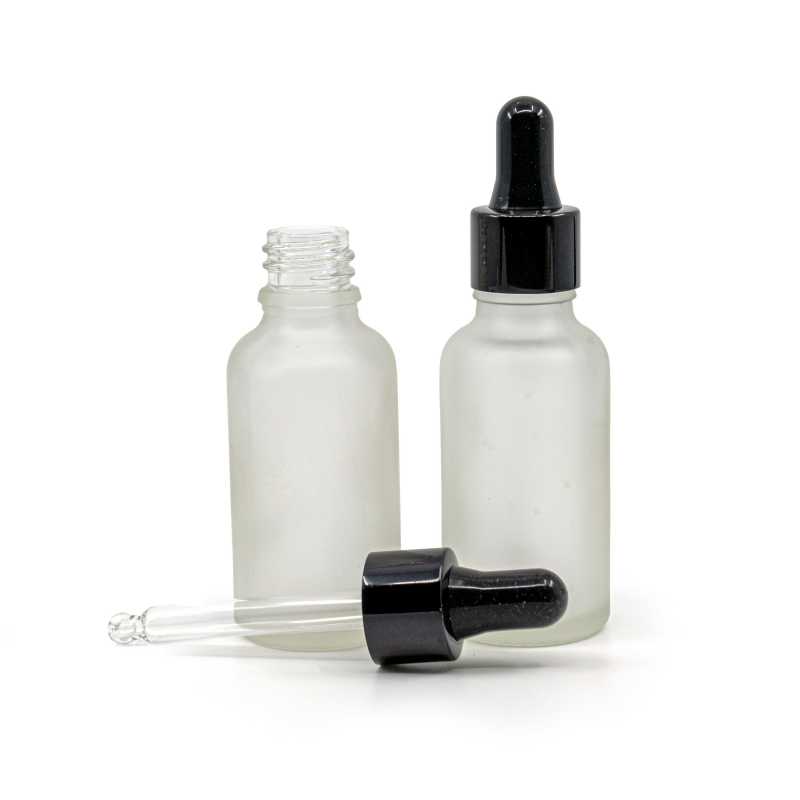 Clear Frosted Glass Bottle, Glossy Black Dropper, 30 ml