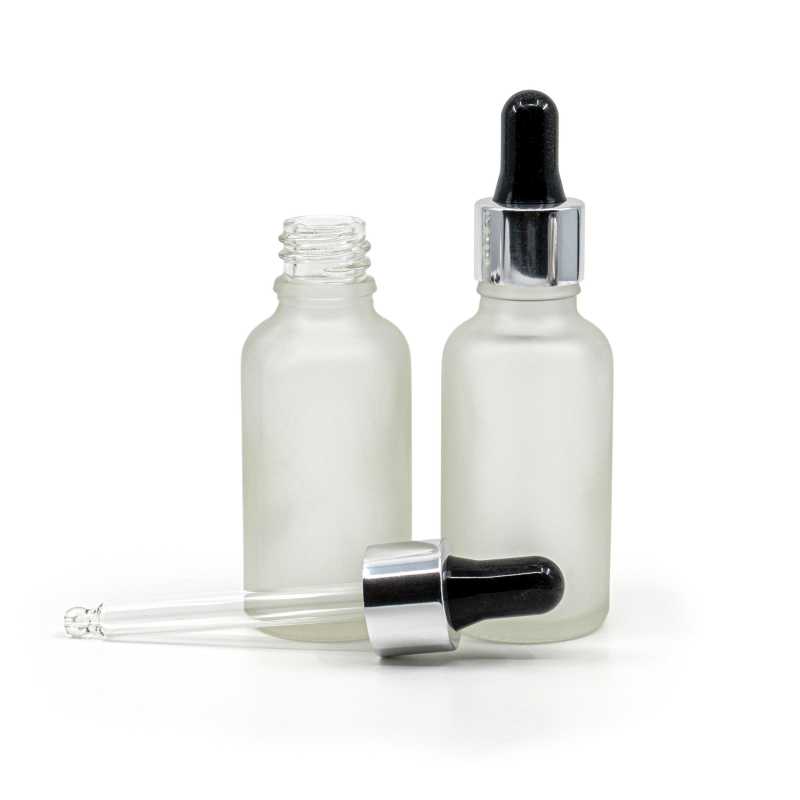 Clear Frosted Glass Bottle, Silver Black Dropper, 30 ml