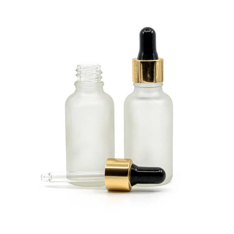 Clear Frosted Glass Bottle, Gold Black Dropper, 30 ml