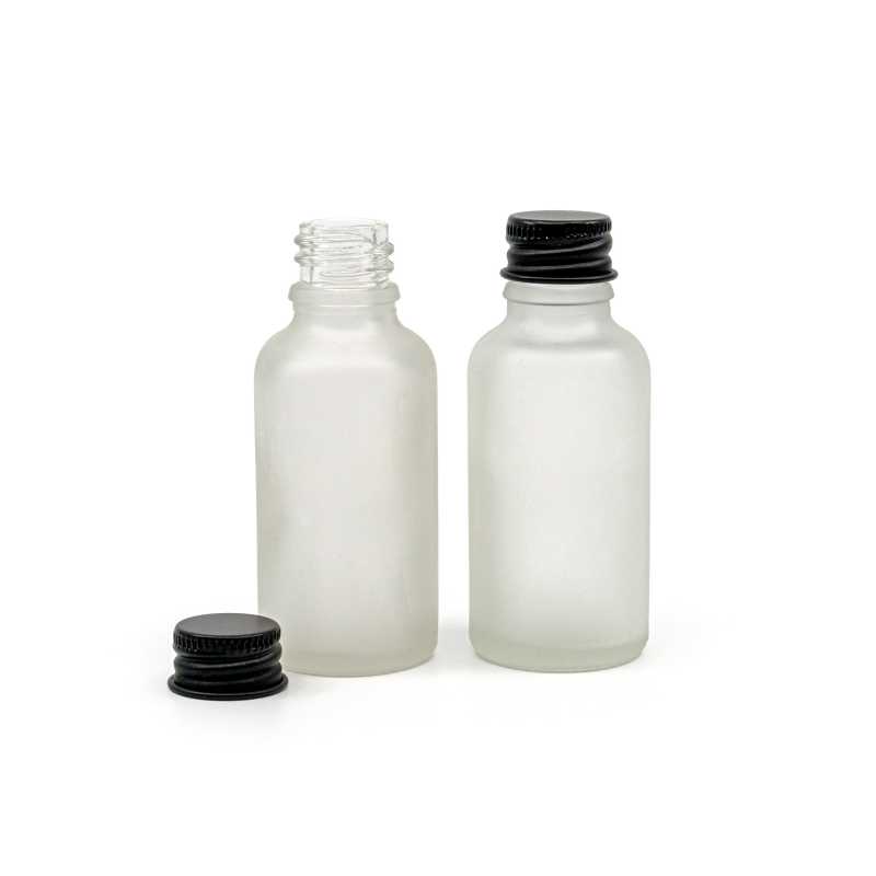 Clear Frosted Glass Bottle, Black Aluminium Cap, 30 ml