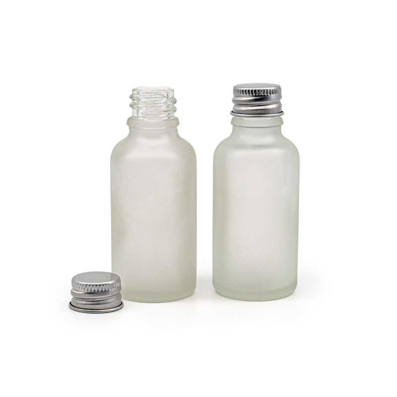 Clear Frosted Glass Bottle, Silver Aluminium Cap, 30 ml