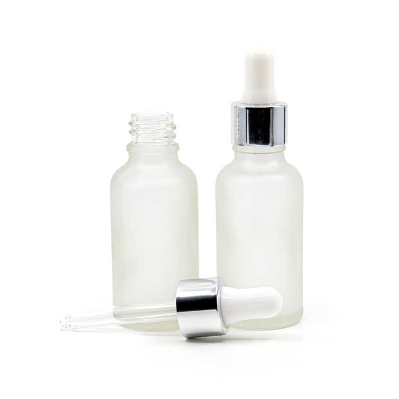 Clear Frosted Glass Bottle, Glossy Silver White Dropper, 30 ml