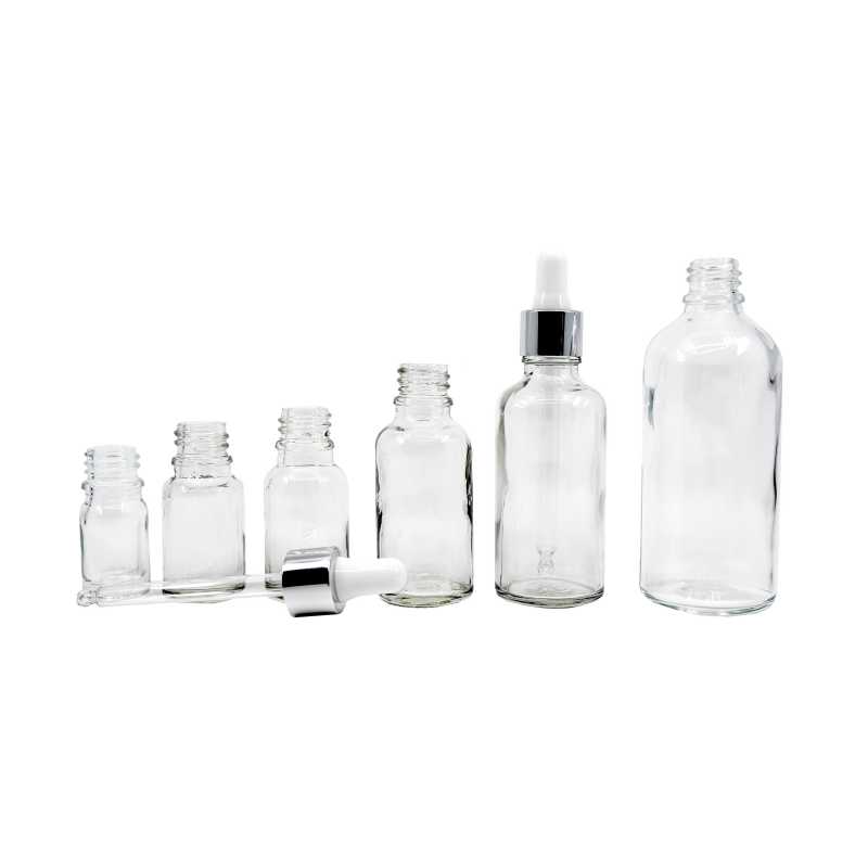 Clear Glass Bottle, Glossy Silver White Dropper, 100 ml