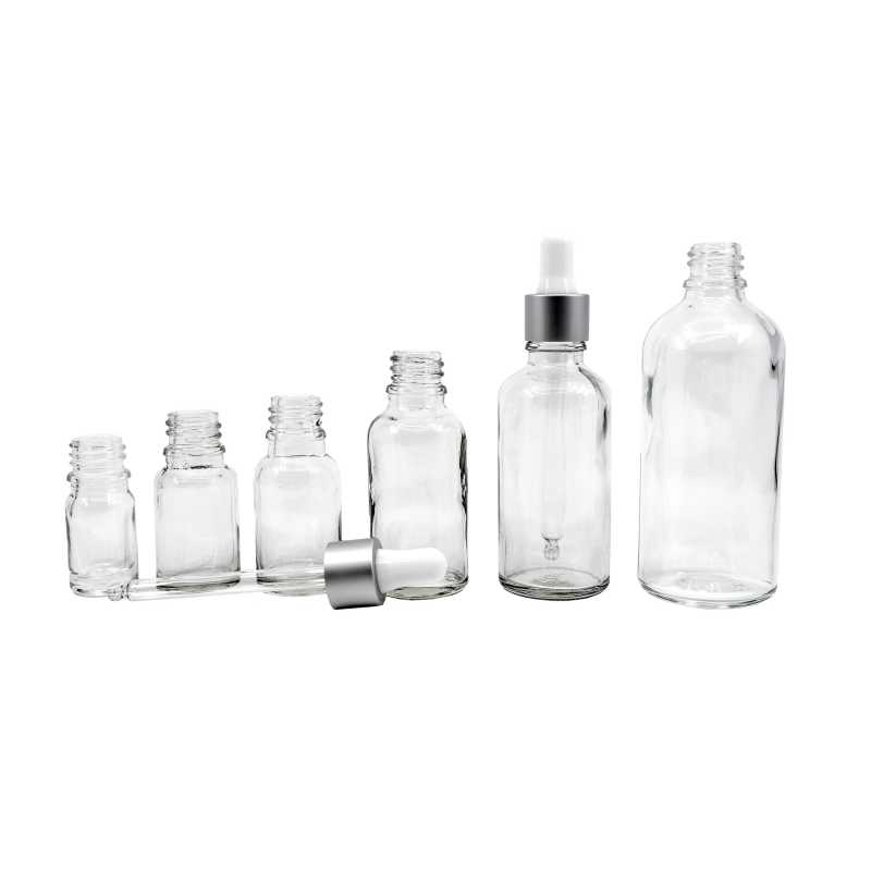 Clear Glass Bottle, Matte Silver White Dropper, 15 ml