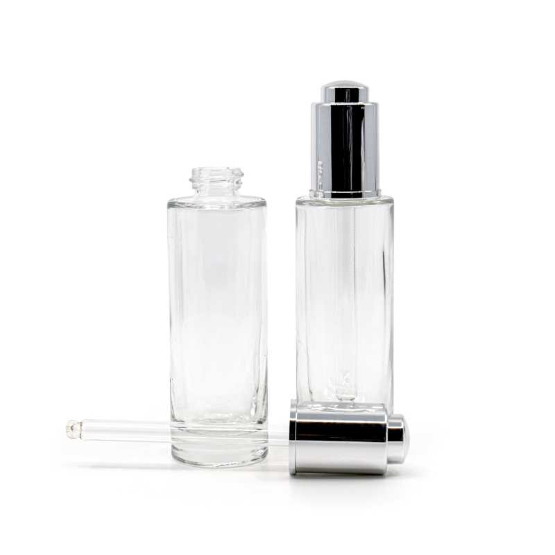 Clear Glass Bottle, Shiny Silver Push Dropper, 18/400, 30 ml