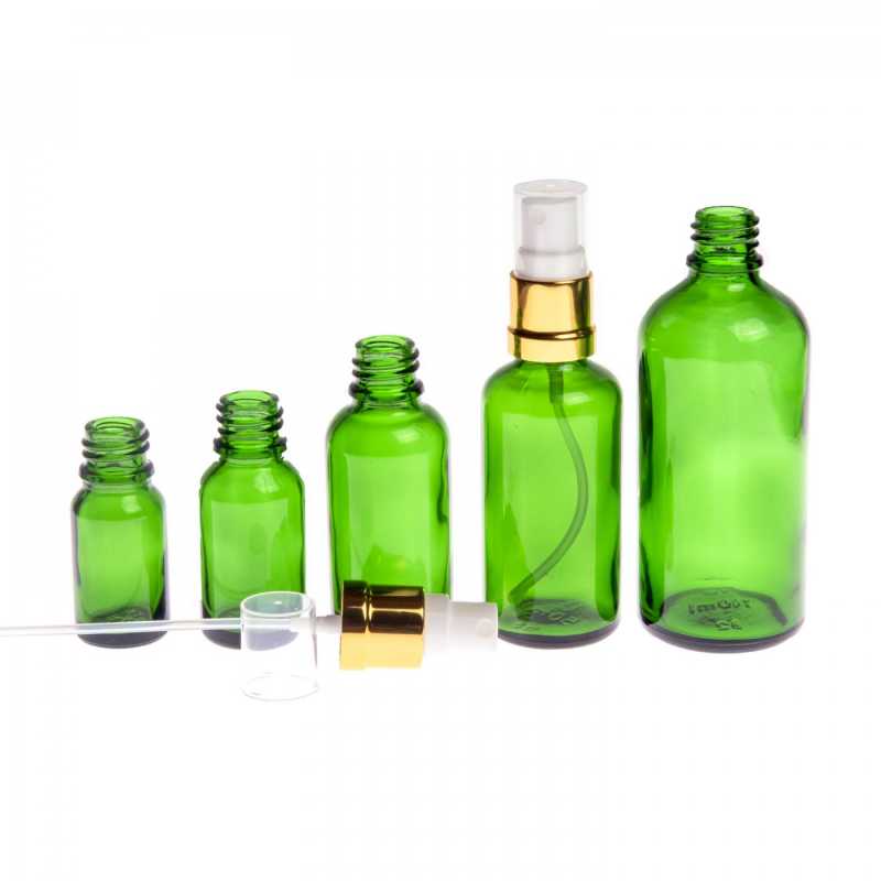 Green Glass Bottle, Glossy Gold White Spray, 10 ml