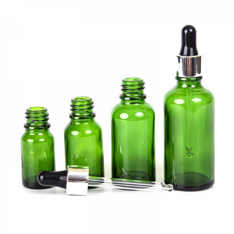 Green Glass Bottle, Silver Black Dropper, 10 ml