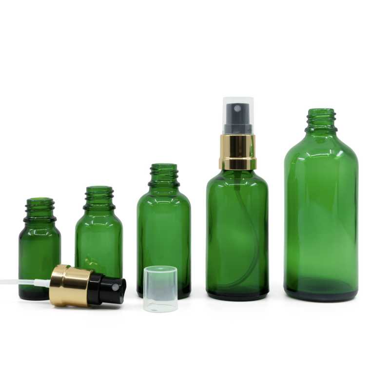 Green Glass Bottle, Glossy Gold Black Spray, 10 ml