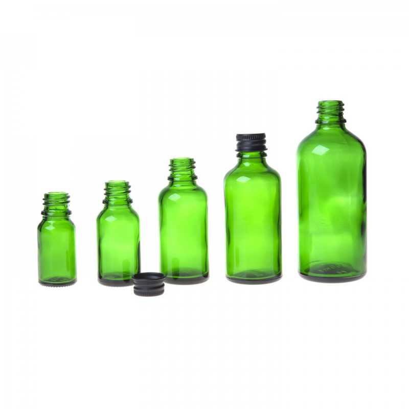 Green Glass Bottle, Black Aluminium Cap, 10 ml