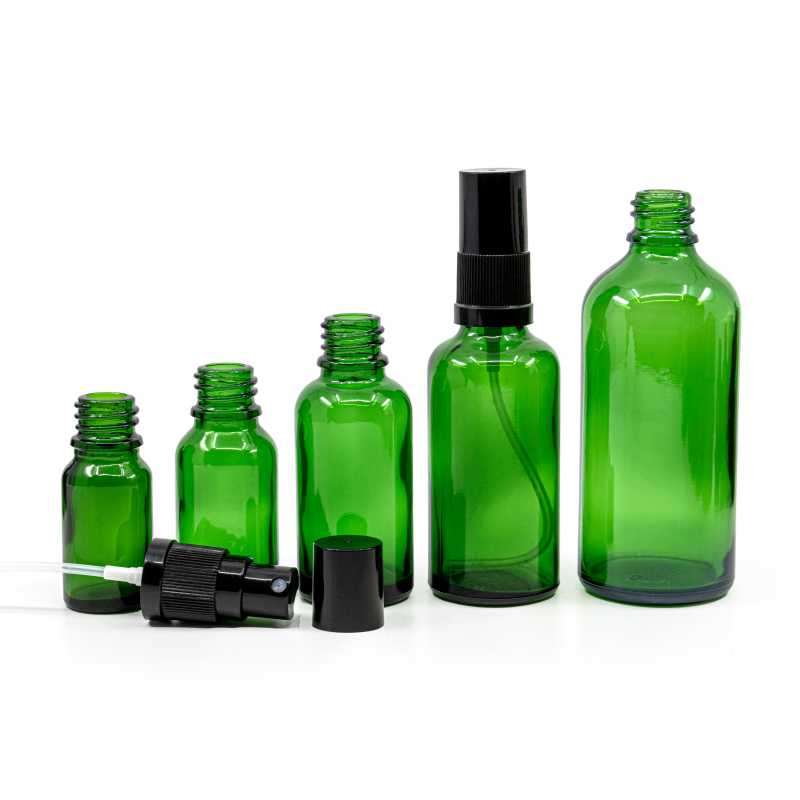 Green Glass Bottle, Black Fine Mist Sprayer, Black Overcap, 100 ml