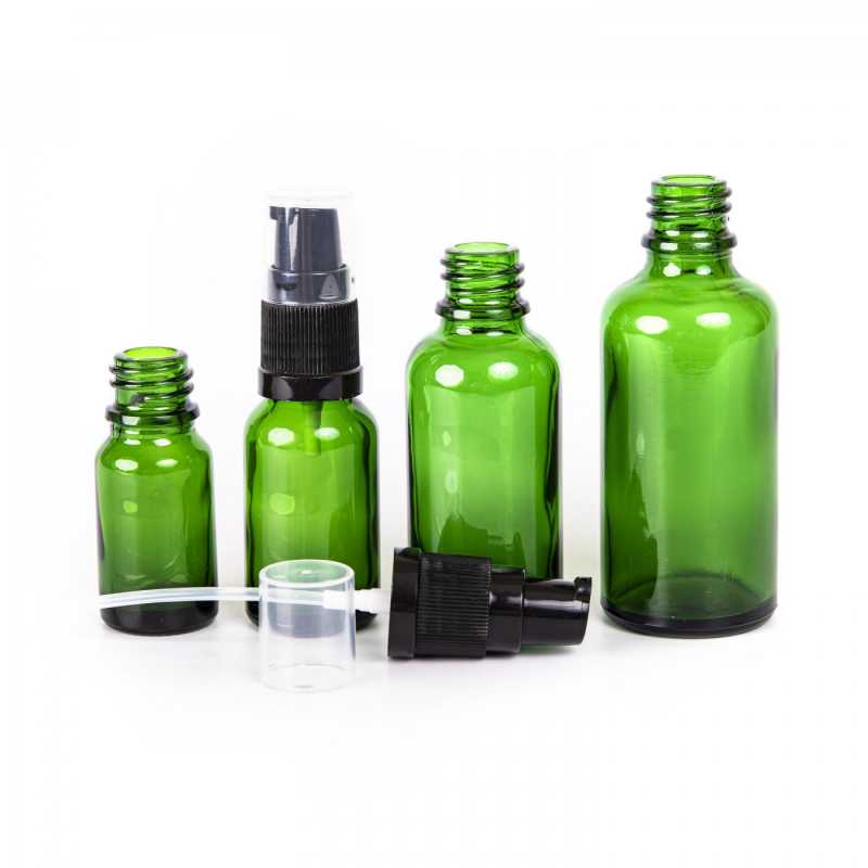 Green Glass Bottle, Lotion Pump, 10 ml