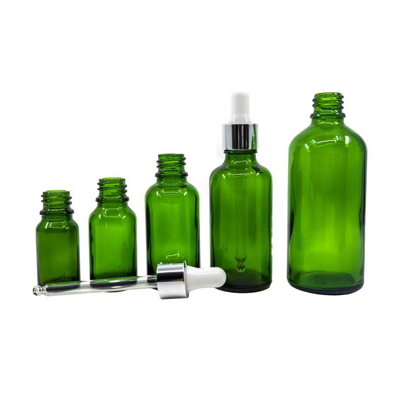 Green Glass Bottle, Glossy Silver White Dropper, 100 ml