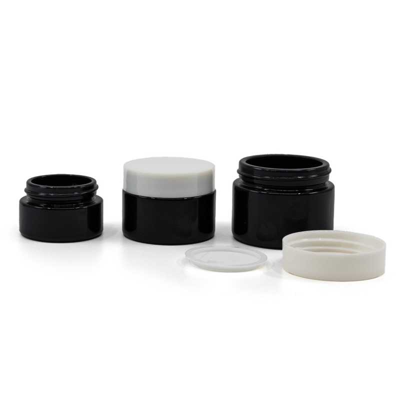 Glossy Black Glass Jar, White Plastic Lid, 30 ml