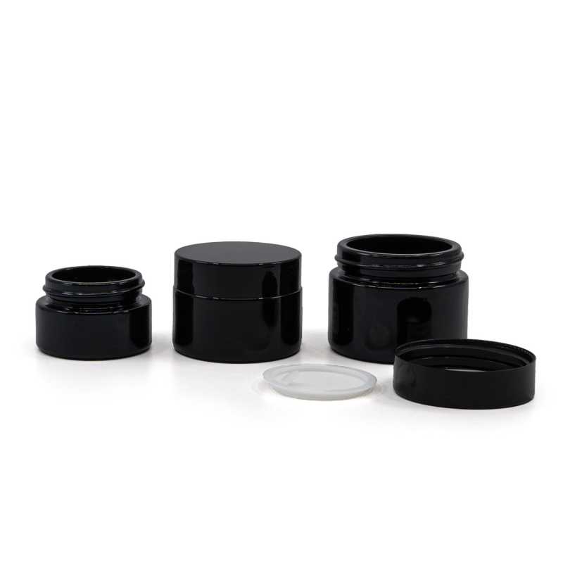 Glossy Black Glass Jar, Black Plastic Lid, 30 ml