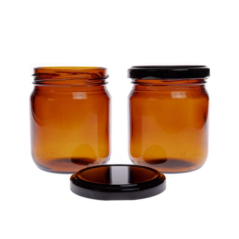 Dark brown thick glass jar with black aluminium lid with a volume of 210 ml, suitable for storing creams, ointments, emulsions, scrubs, serums but also powders 