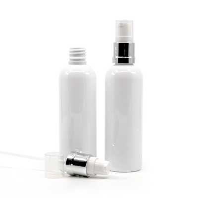 White Plastic Bottle, Glossy Silver White Pump, 100 ml