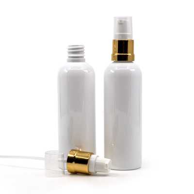 White Plastic Bottle, Glossy Golden White Pump, 100 ml
