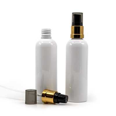 White Plastic Bottle, Glossy Golden Black Pump, 100 ml