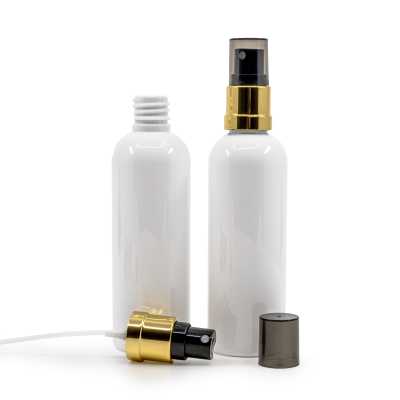 White Plastic Bottle, 24/410, Gold Black Spray, Smokey Overcap, 100 ml