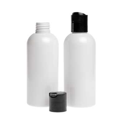 White Plastic Bottle, Black Disc Top, 200 ml