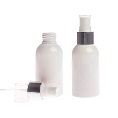 White Plastic Bottle, White Spray With Glossy Silver Collar, 150 ml