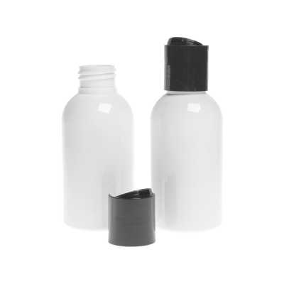 White Plastic Bottle, Black Disc Top, 150 ml