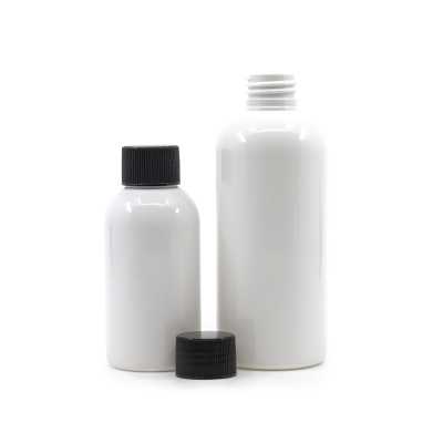 White Plastic Bottle, Blak Ribbed Cap, 150 ml