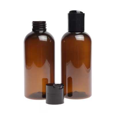 Amber Plastic Bottle, Black Disc Top, 150 ml