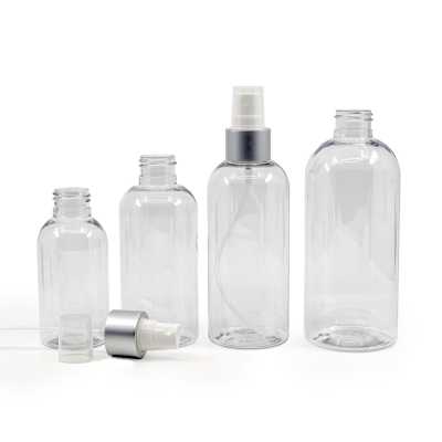 Rounded Clear Plastic Bottle, White Spray With Matte Silver Collar, 200 ml