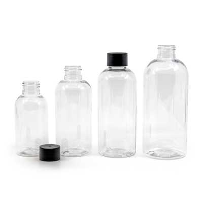 Rounded Clear Plastic Bottle, Black Cap, 300 ml