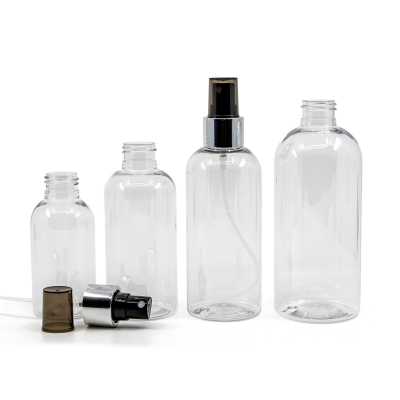 Rounded Clear Plastic Bottle, Black Spray with Glossy Silver Collar, 200 ml