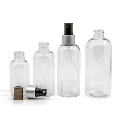 Rounded Clear Plastic Bottle, Black Spray with Matte Silver Collar, 200 ml