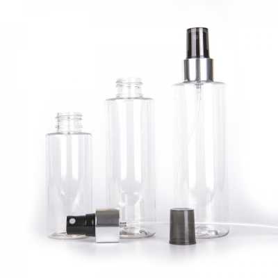 Clear Plastic Bottle, Black Spray with Glossy Silver Collar, 150 ml