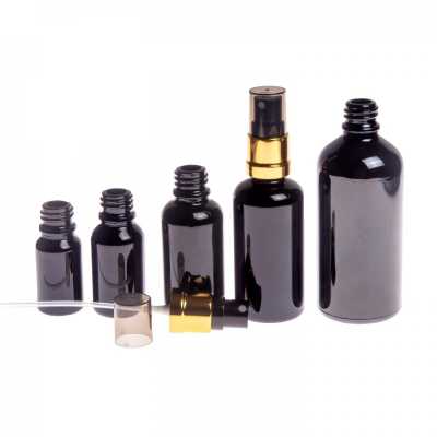 Gloss Black Glass Bottle, Glossy Gold Black Spray, Smokey Overcap, 30 ml