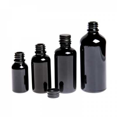 Gloss Black Glass Bottle, Black Aluminium Cap, 15 ml