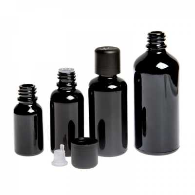 Gloss Black Glass Bottle, Black Tamper Evident Safety Cap & Dropper, 30 ml