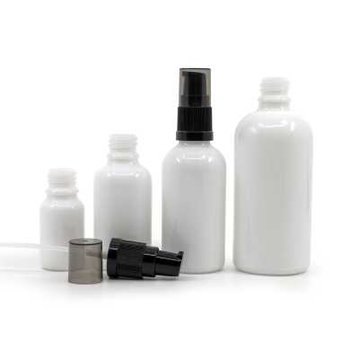 White Glass Bottle, Black Lotion Pump, Smokey Overcap, 100 ml