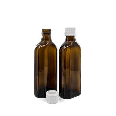 Amber Medicine Glass Bottle, Rectangular, PP28, White Cap, 250 ml