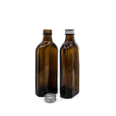 Amber Medicine Glass Bottle, Rectangular, PP28, Silver Aluminium Cap, 250 ml